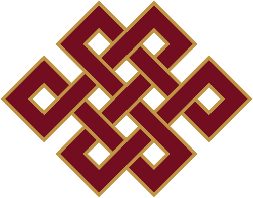 A detailed silver Endless Knot pendant featuring the traditional interlocking square spiral pattern of Tibetan Buddhism