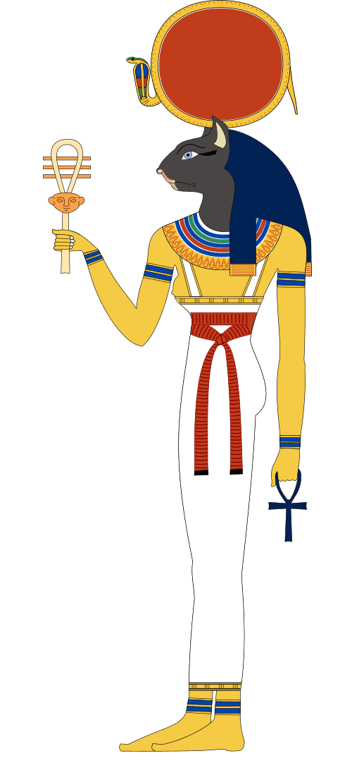 Bronze Egyptian cat goddess Bastet figurine wearing gold collar and earrings